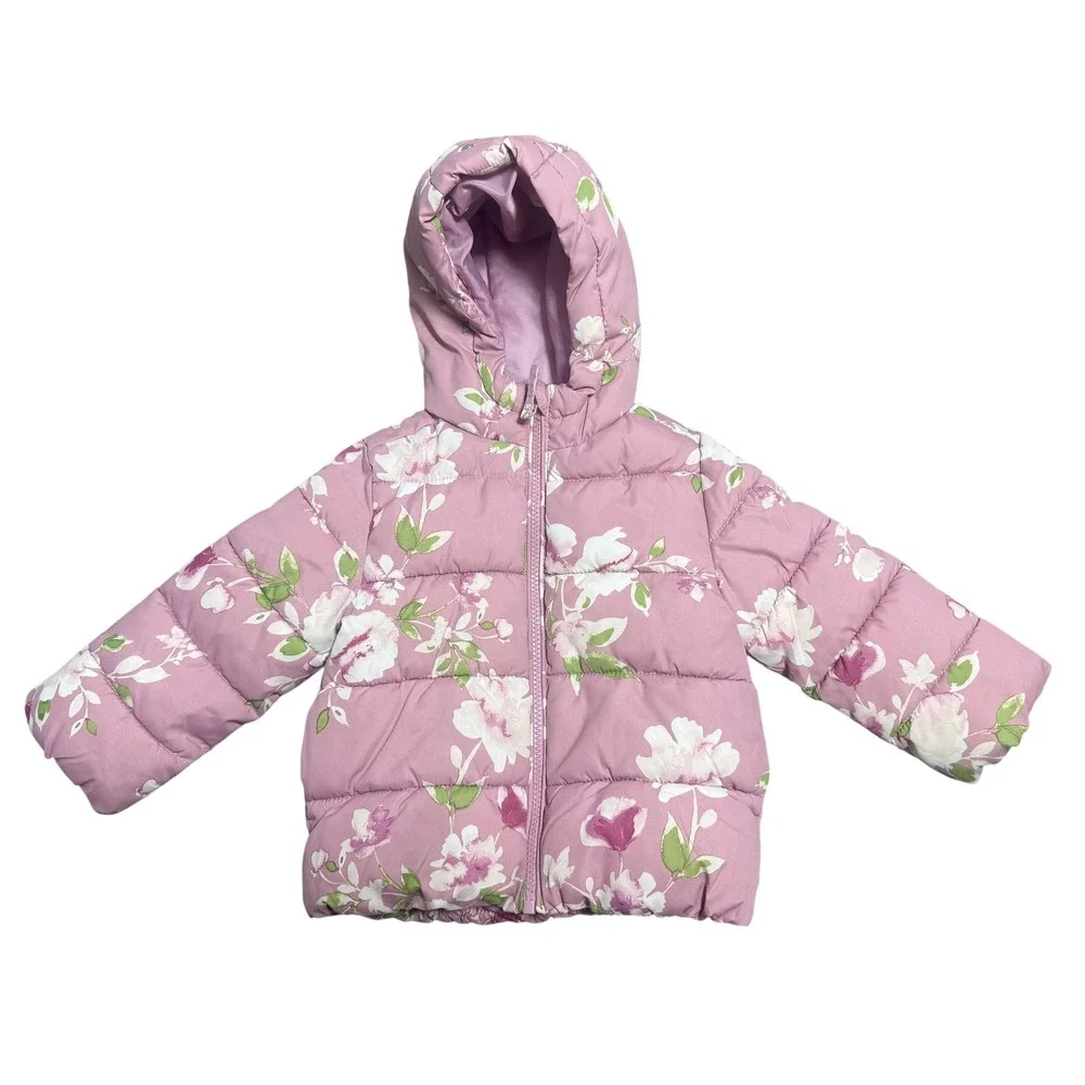 The Childrens Place Jacket Girls 2T Pink‎ Floral Hooded Puffer Coat Winter